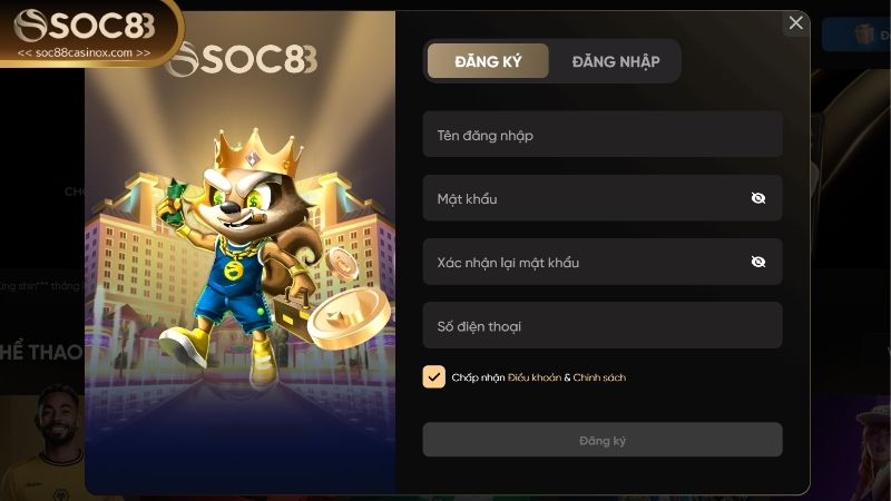 Thao tác tạo tài khoản SOC88 trên điện thoại