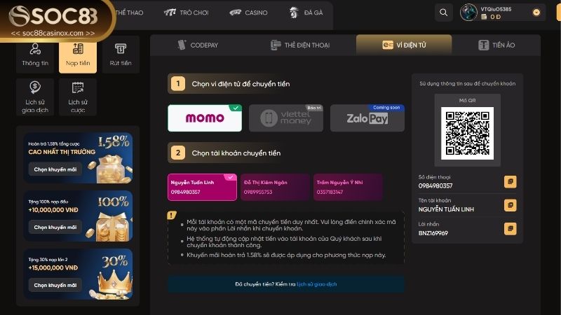 nạp tiền SOC88 nhanh chóng qua ví Momo chỉ trong vòng 1 phút